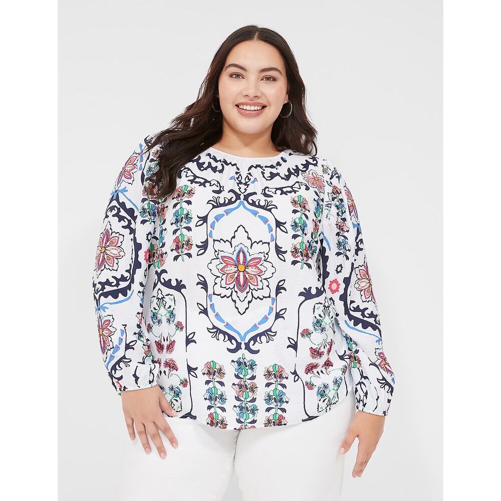 Lane Bryant Long Sleeve Peasant Blouse White w/ Floral Print Women's Size 20 NWT